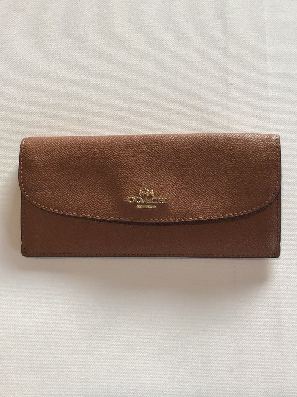 Coach Brown Leather Continental Wallet Textured Leather Gold Tone Logo